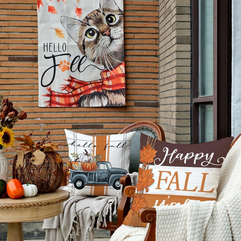 GEEORY Fall Pillow Covers 18 x 18 Inch Set of 4, Happy Fall Y'all Stripes Pumpkins Mason Jar Thankful Decor, Cushion Cases for Farmhouse Home Party Sofa Couch (Brown) G355-18