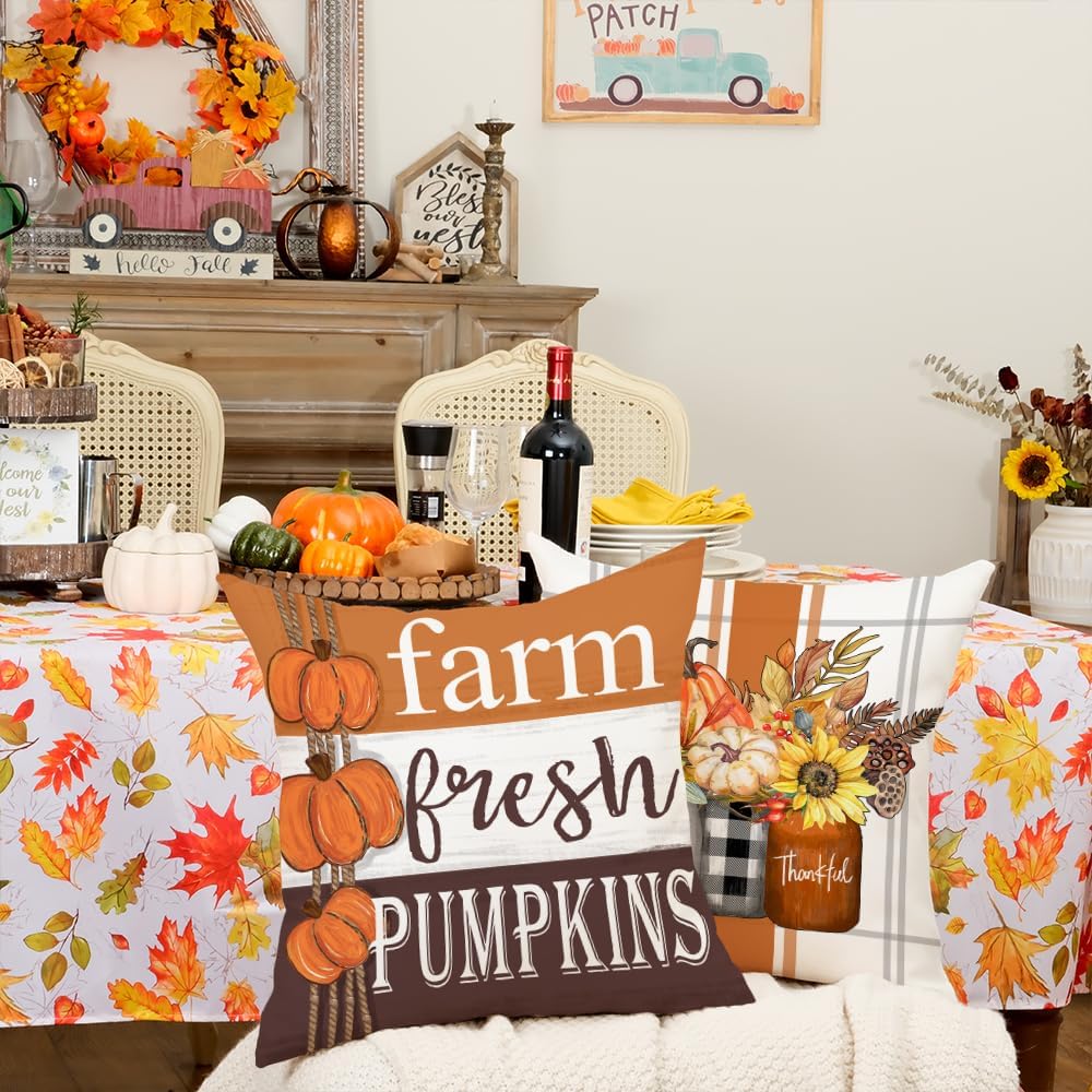 GEEORY Fall Pillow Covers 18 x 18 Inch Set of 4, Happy Fall Y'all Stripes Pumpkins Mason Jar Thankful Decor, Cushion Cases for Farmhouse Home Party Sofa Couch (Brown) G355-18