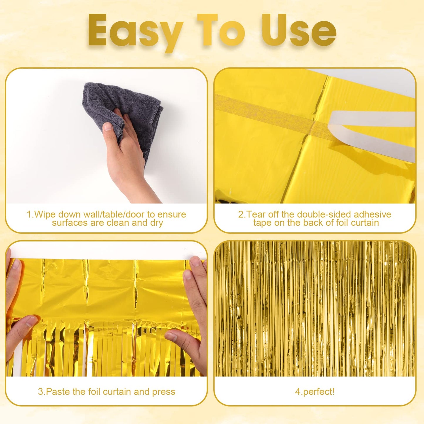 Voircoloria 3 Pack 3.3x8.2 Feet Gold Foil Fringe Backdrop Curtains, Tinsel Streamers, Fringe Backdrop for 2025 New Years Eve, Graduation, Birthday, Baby Shower, Gender Reveal, Disco Party