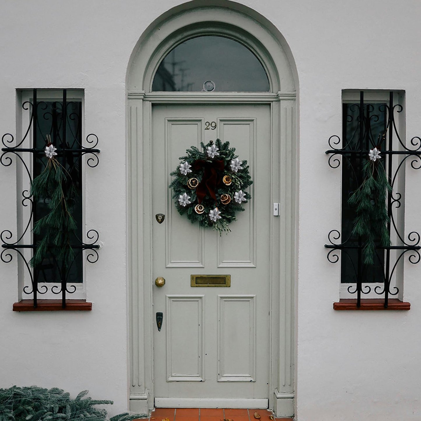 YUAGOLLE Christmas Artificial Poinsettia Flowers: 12pcs Silver Poinsettia With Clips Silk Glitter Picks Fake Floral, For Decorations, Xmas tree decor, Wreath Garland Bulk, Wedding, New Year ornaments.