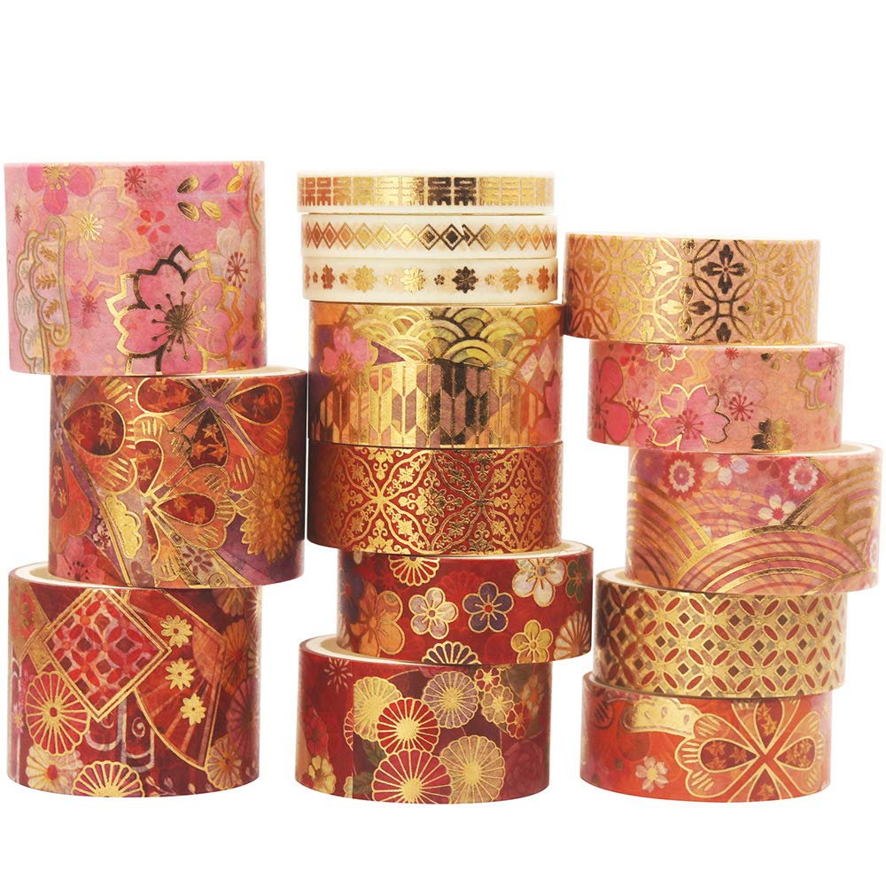 YUBBAEX Splendid Gold Washi Tape Set Embroidery Pattern Foil Decorative Tapes for Arts, DIY Crafts, Journal Supplies, Planners, Scrapbook, Gift Wrapping 15 Rolls (Fierce Flowers)