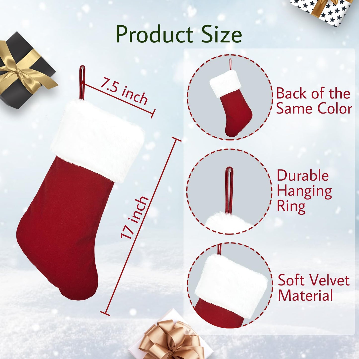 5 Pack Christmas Tradition Stockings, 18'' Family Christmas Stockings, Large Super Soft Christmas Stockings Red Velvet with White Super Soft Plush Cuff for Christmas Xmas Tree Holiday Fireplace H3