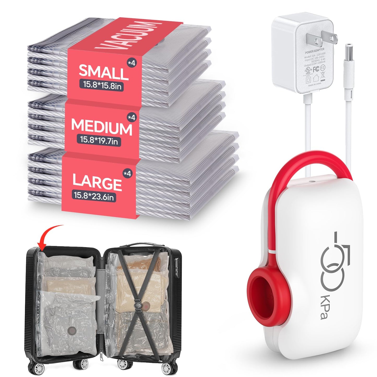 VMstr Vacuum Storage Bags With Electric Pump (D/C Powered), 15 Pack Travel Compression Sealing Bags for Clothes and Clothing Luggage Suitcase Packing, Carry-on Travel Size