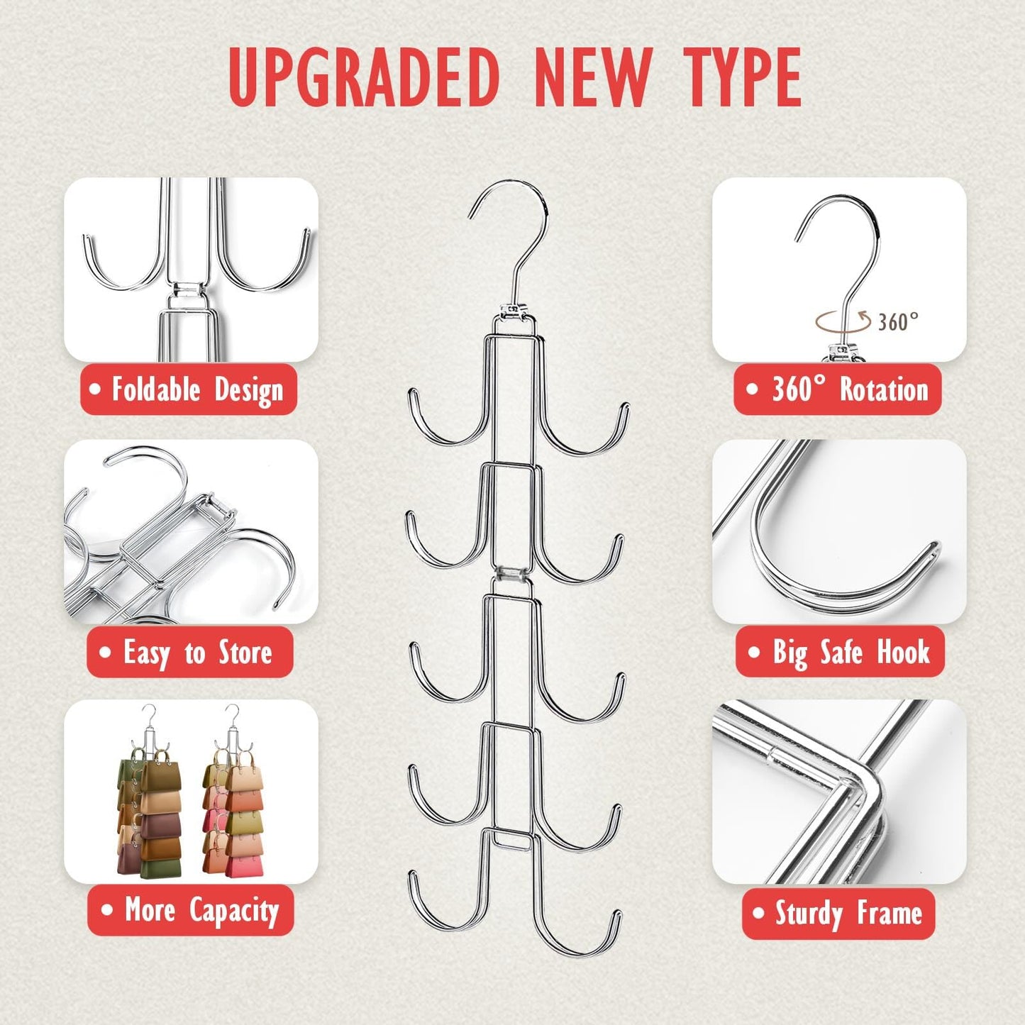 Purse Organizer for Closet, Upgraded Purse Hanger with 10 Big Hooks, 360 Degree Rotation for Better Organizer&Display, Collapsible Space Saving Hangers Rack for Handbag, Belt, Scarve, Tie