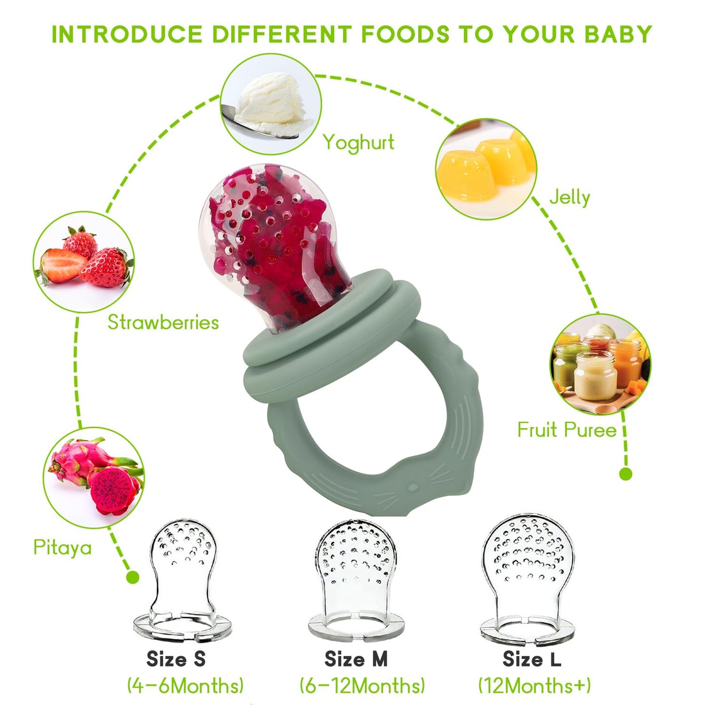 Socub Silicone Baby Fruit Food Feeder & Baby Food Freezer Tray Set, Milk Popsicle Molds for Baby Teething Relief, Baby Food Pacifier Feeder for Infants Self Feeding, Include 3 Sizes Food Pouch