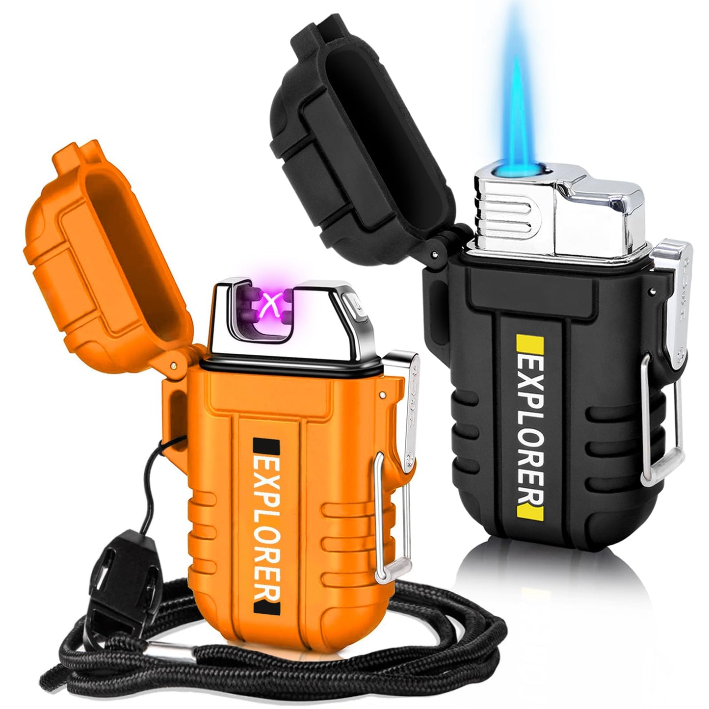 2 Pack Waterproof Lighter Outdoor Windproof Torch Lighters Dual Arc Butane Electric Lighters USB Rechargeable Lighters Flameless Plasma Lighter Camping Hiking Adventure Survival Tactical Gear