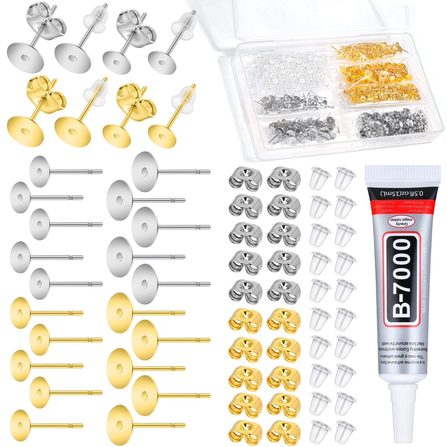 Anezus Jewelry Glue with 600pcs Stainless Steel Earring Posts and Backs - Silver and Gold Posts with Rubber Backs for Jewelry Making
