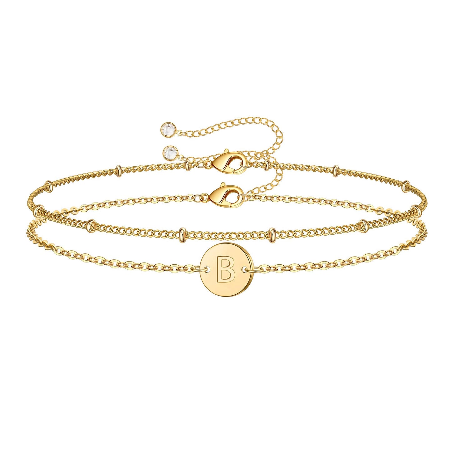 MONOZO Gold Initial Bracelets for Women Mothers Day Gifts, Dainty 14K Gold Plated Layered Beaded Letter Initial Bracelet Personalized 26 Alphabet Disc Monogram Charm Bracelet Mothers Day Gifts for Mom