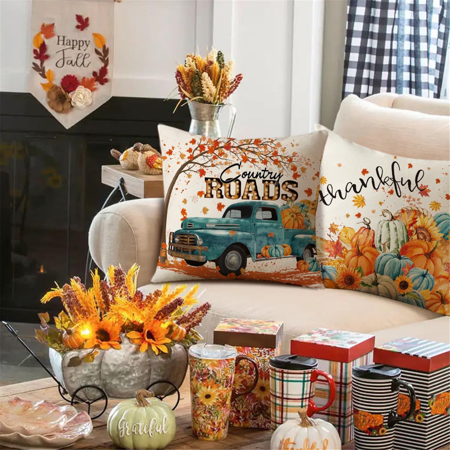 NIGHTWISH Fall Pillow Covers 18x18 Set of 4 Thanksgiving Farmhouse Decorations Teal Truck Gnome Outdoor Fall Decor Throw Pillow Covers Thankful Pumpkins Harvest Autumn Cushion Case for Sofa Couch