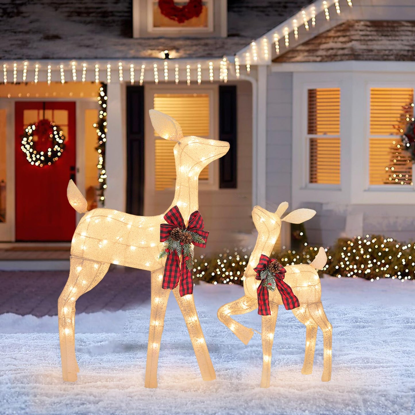 2 Pack Reindeer Christmas Decoration with 105 Lights Xmas Lighted White Glittering Deer for Indoor Outdoor Yard Lawn Decoration