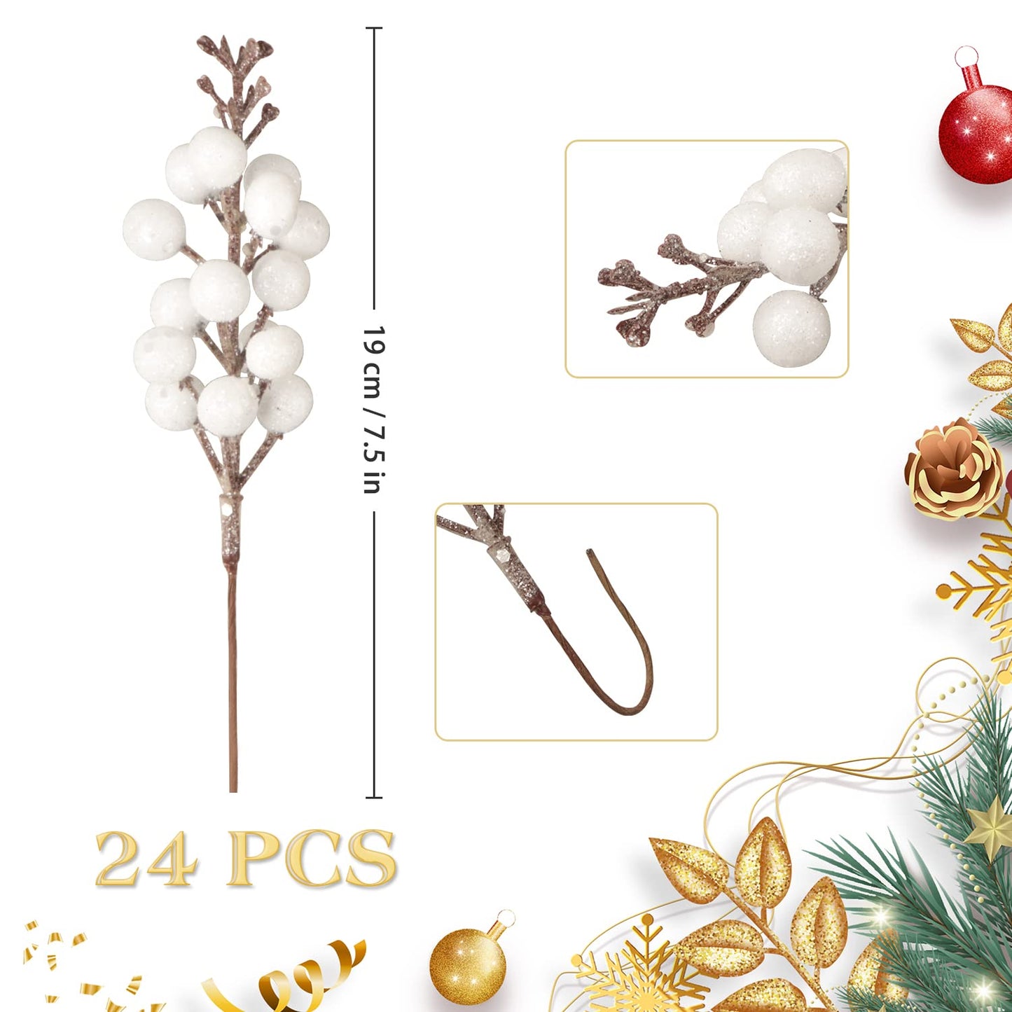 Fangoo 24 Pack Glitter White Stems,Artificial Glitter White Berry Picks Holly Red Berries Branches Christmas Berry Stem Picks for Christmas Tree Wedding Holiday Season Winter Home Decoration(19 CM)