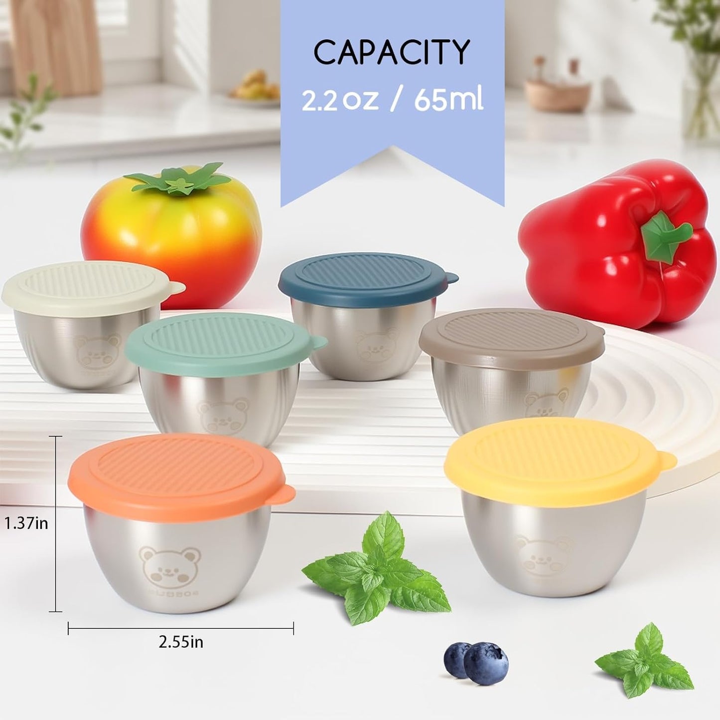 6x2.2oz Salad Dressing Containers With 6-Color Lids, Small Condiment Containers with Leakproof Silicone Lids, Reusable Stainless Steel Sauce Cups,For Lunch Boxes,Picnics,Meal Prep and Storage