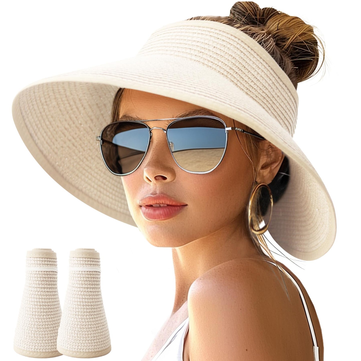 NPJY Sun Hats for Women Wide Brim Roll-Up Beach Ponytail Hat Packable Foldable Travel Straw Visor