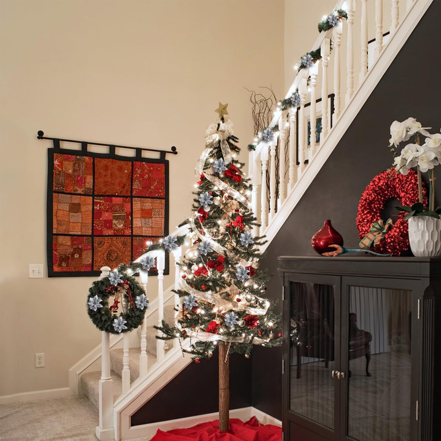 YUAGOLLE Christmas Artificial Poinsettia Flowers: 12pcs Silver Poinsettia With Clips Silk Glitter Picks Fake Floral, For Decorations, Xmas tree decor, Wreath Garland Bulk, Wedding, New Year ornaments.