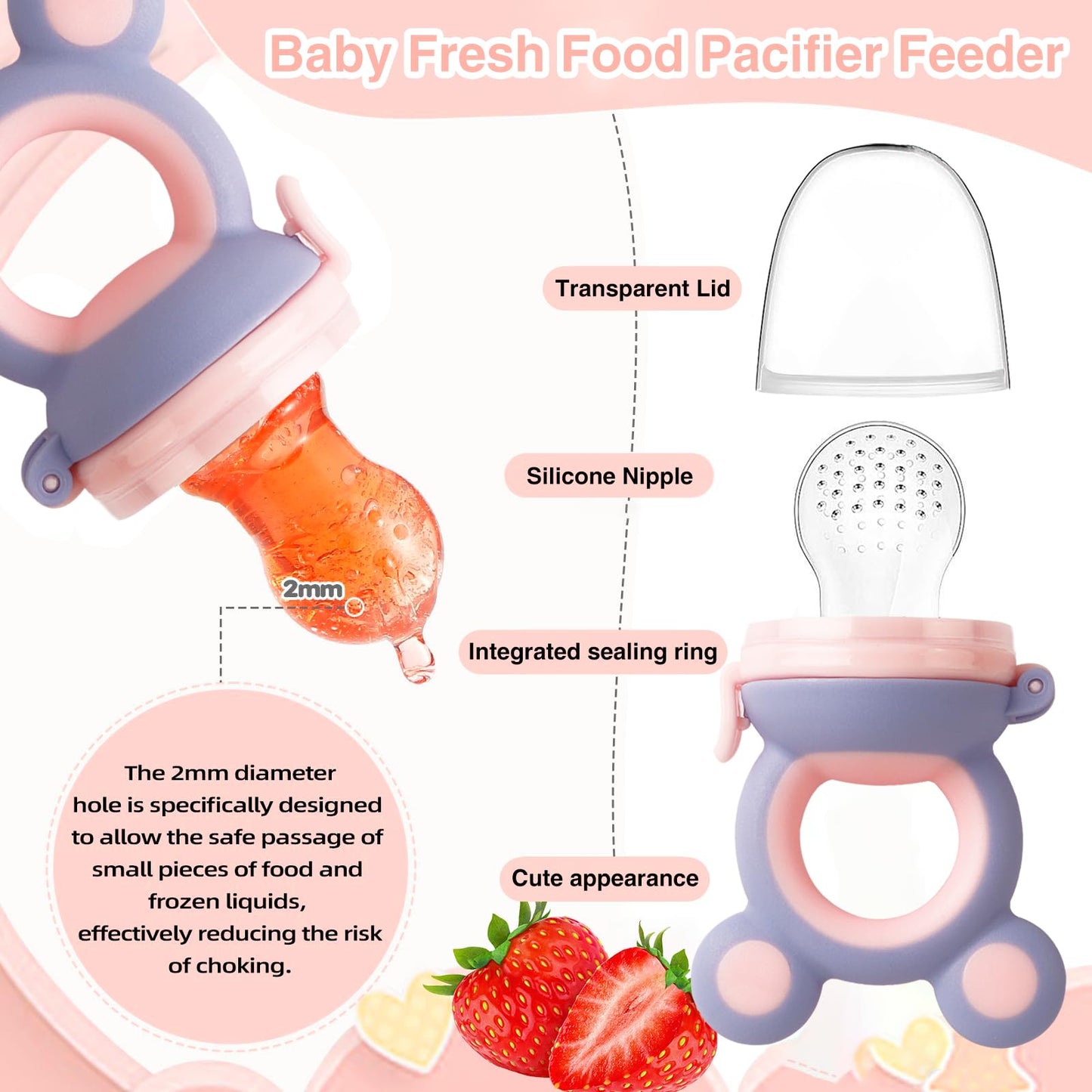 HAOBAOBEI Baby Solids/Frozen Fruit Feeder Pacifier, Infant Teether Toy 4M+, BPA-Free Silicone Pouch & Nipple, Safely Introduce Solids, Teething Relief, 2-Pack - Yellow/Purple (Mouse)