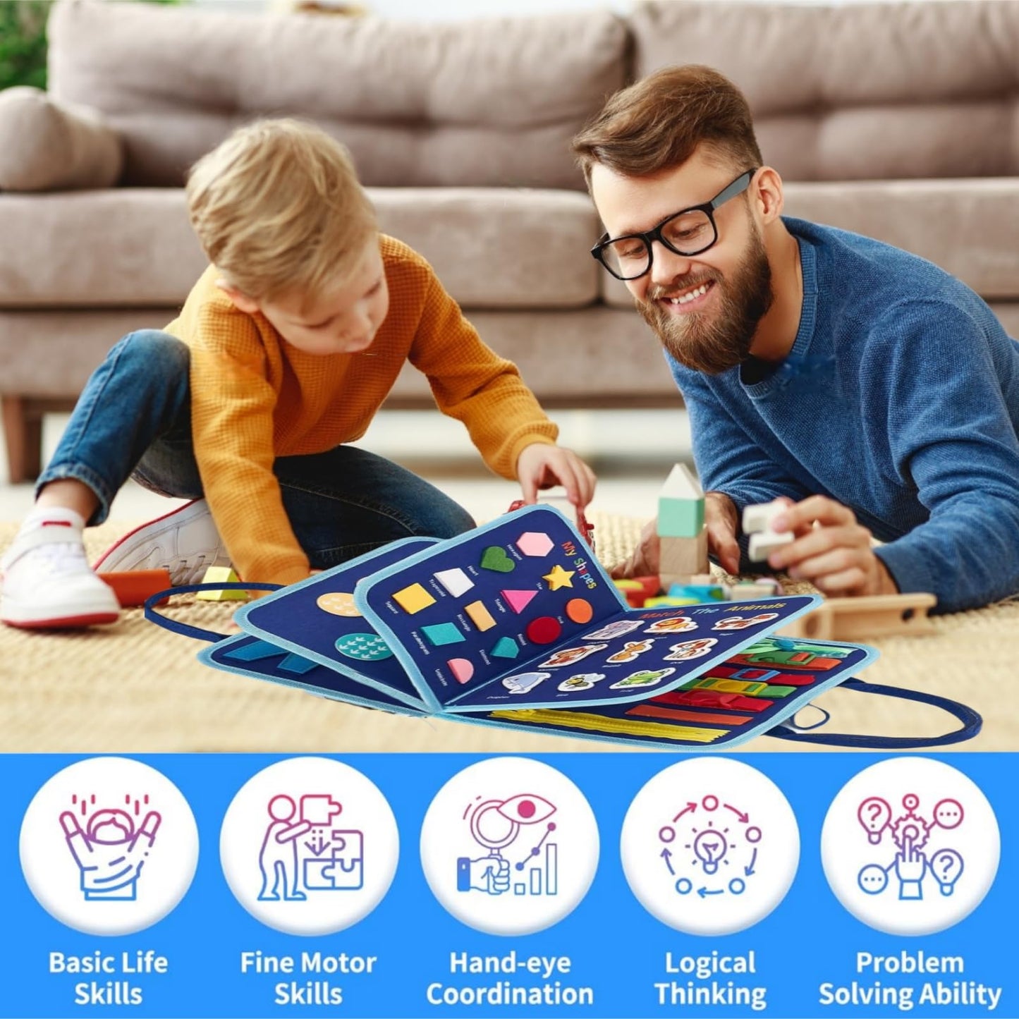 GLOBEFLY Toddler Busy Board Montessori Toys, Busy Book for Toddlers 1-3, Sensory Board Educational Activities for Learning Fine Motor Skills, Airplane Car Travel Toys Gifts for Girls Boys, Blue-5page