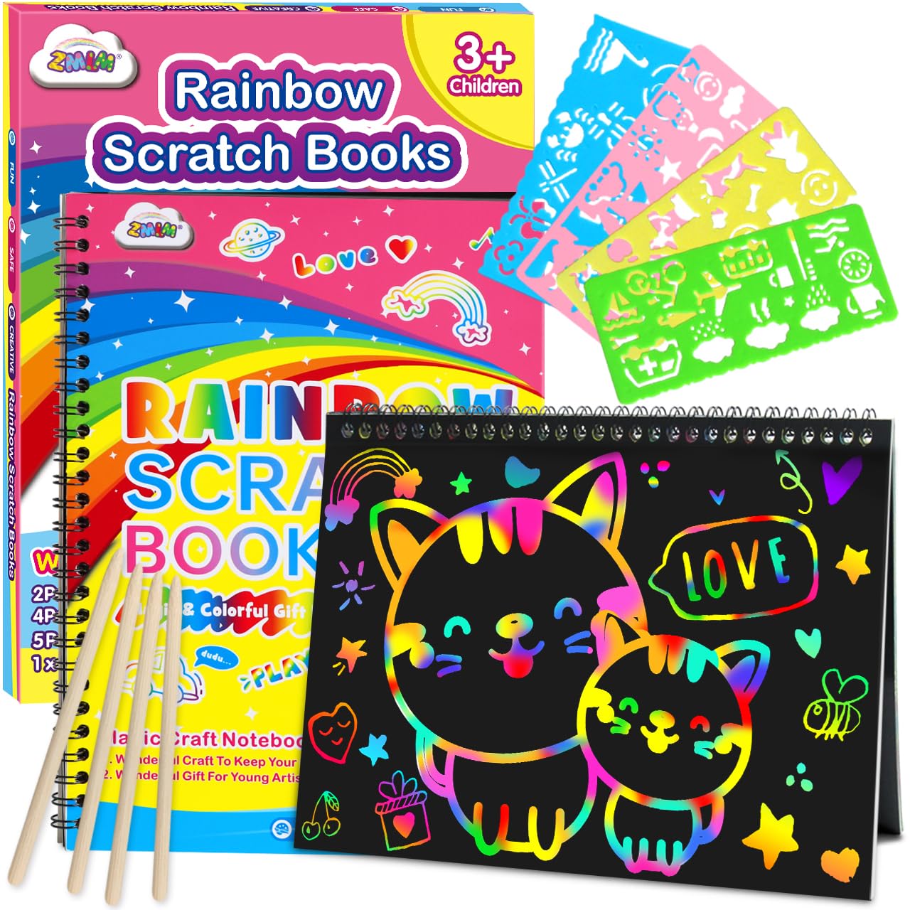 ZMLM Scratch Paper Art-Crafts Gift: 2 Pack Rainbow Notebooks Supplies Toys Easter Basket Stuffers for 3 4 5 6 7 8 9 10 Years Old Girls and Boys Kids Birthday Party Games (Pink)