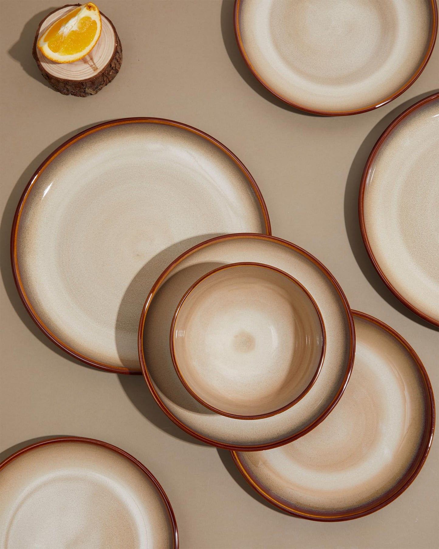 Pokini Stoneware Dinnerware Set Service for 4, 12 pcs Reactive Glaze Plates and Bowls Sets, Handmade Round Dishes Set, Highly Chip and Crack Resistant Modern Plate Set, Brown Yellow