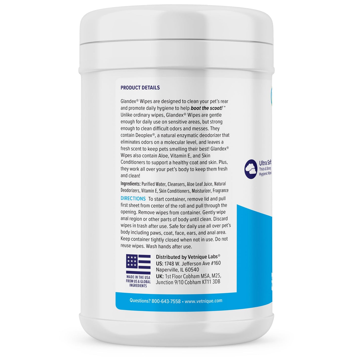 Vetnique Labs Glandex Dog Wipes for Pets Cleansing & Deodorizing Anal Gland Hygienic Dog & Cat Wipes with Vitamin E, Skin Conditioners and Aloe (75ct)