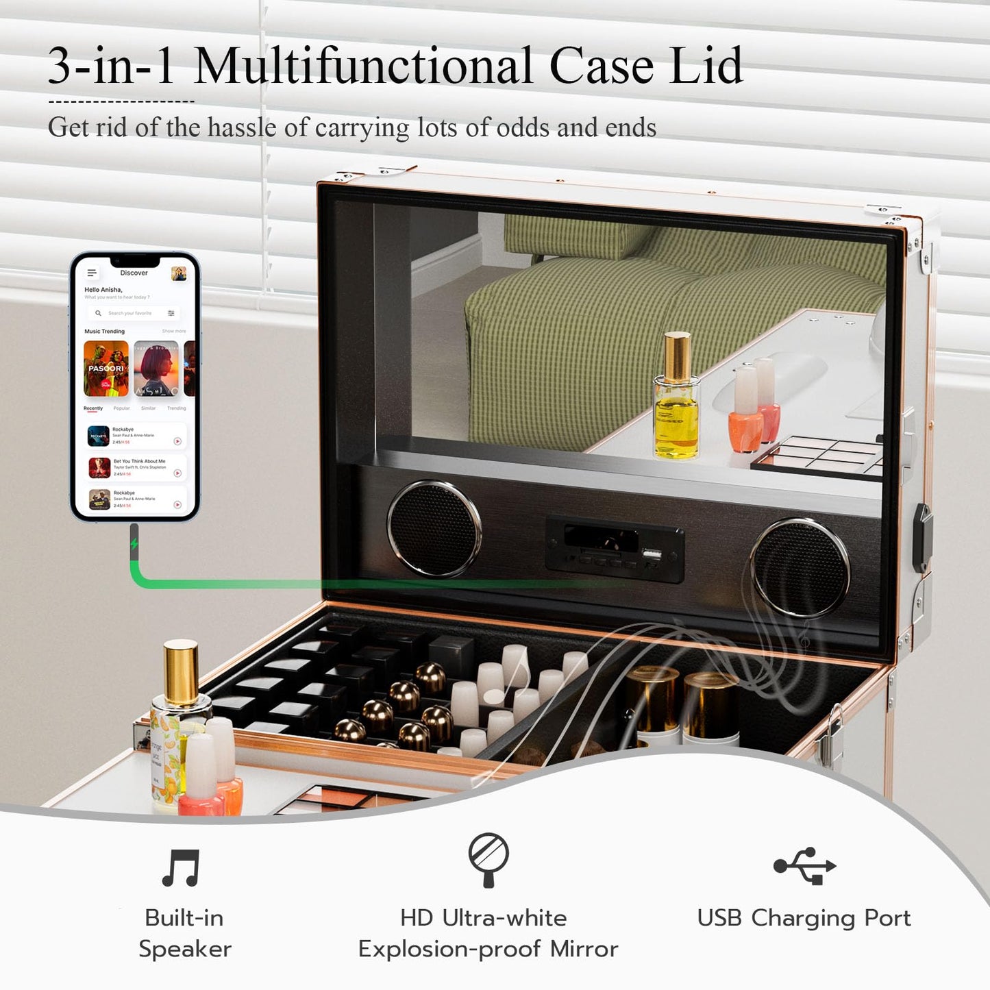 Icoget Portable Rolling Manicure Table for Nail Teach, Foldable Traveling Nail Desk w/Storage, Mobile Nail Table w/Audio and Mirror, Makeup Train Case Cosmetic Trolley, White