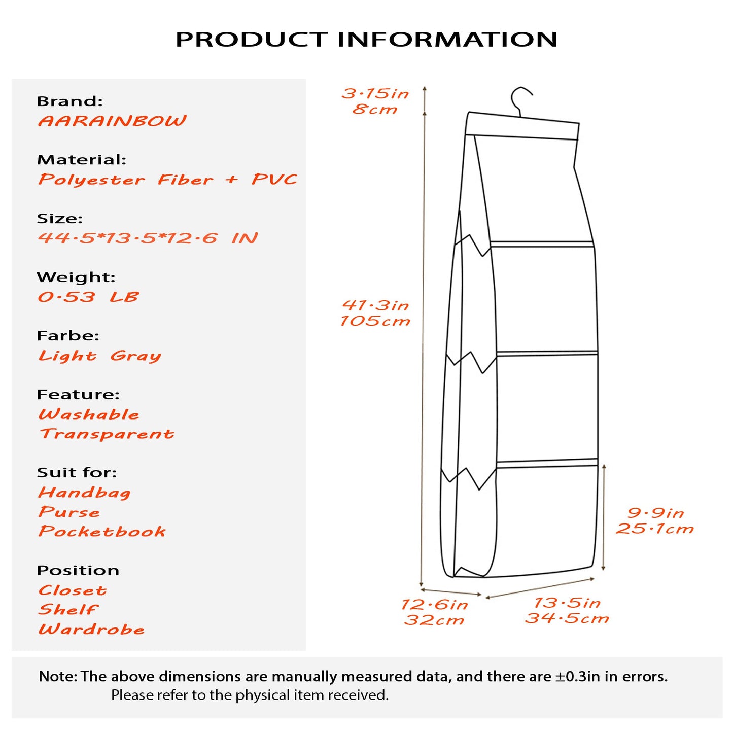 AARAINBOW 1 Pack Hanging Handbag Purse Organizer, Bags Organizor for Purse 8 Pockets Wardrobe Closet Space Saving Handbag Storage, 44.5L x 13.5W (B-Light Gray)