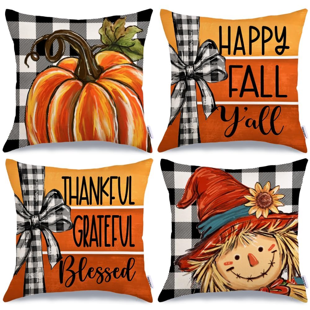 GEEORY Fall Throw Pillow Covers 18x18 Inch Set of 4, Buffalo Plaid Pumpkin Scarecrow Orange Cushion Case for Sofa & Bed Autumn Thanksgiving Decor Farmhouse Home Decoration