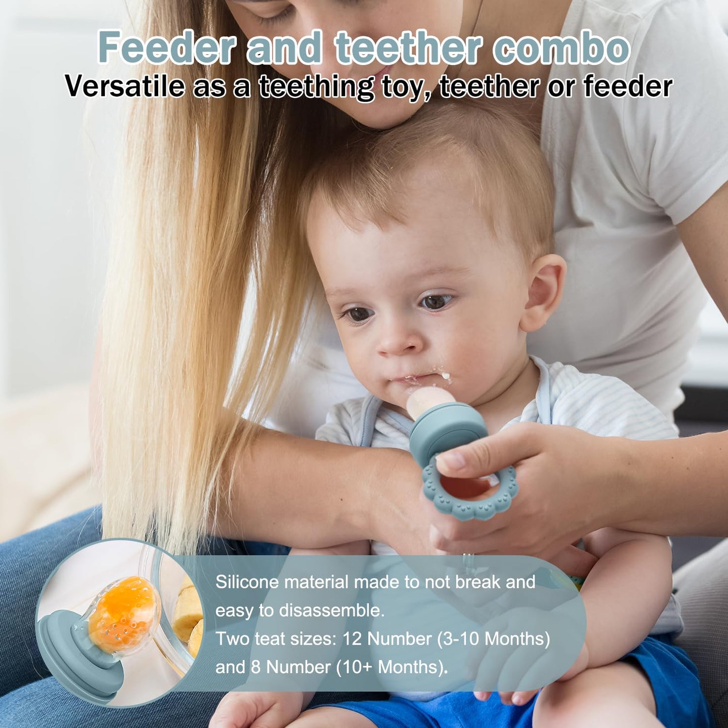 MISSLILI Baby Silicone Fruit Food Feeder & Pacifier, Breastmilk Popsicle Molds, BPA Free Food Storage Containers, Infant Teething Toy (Blue)