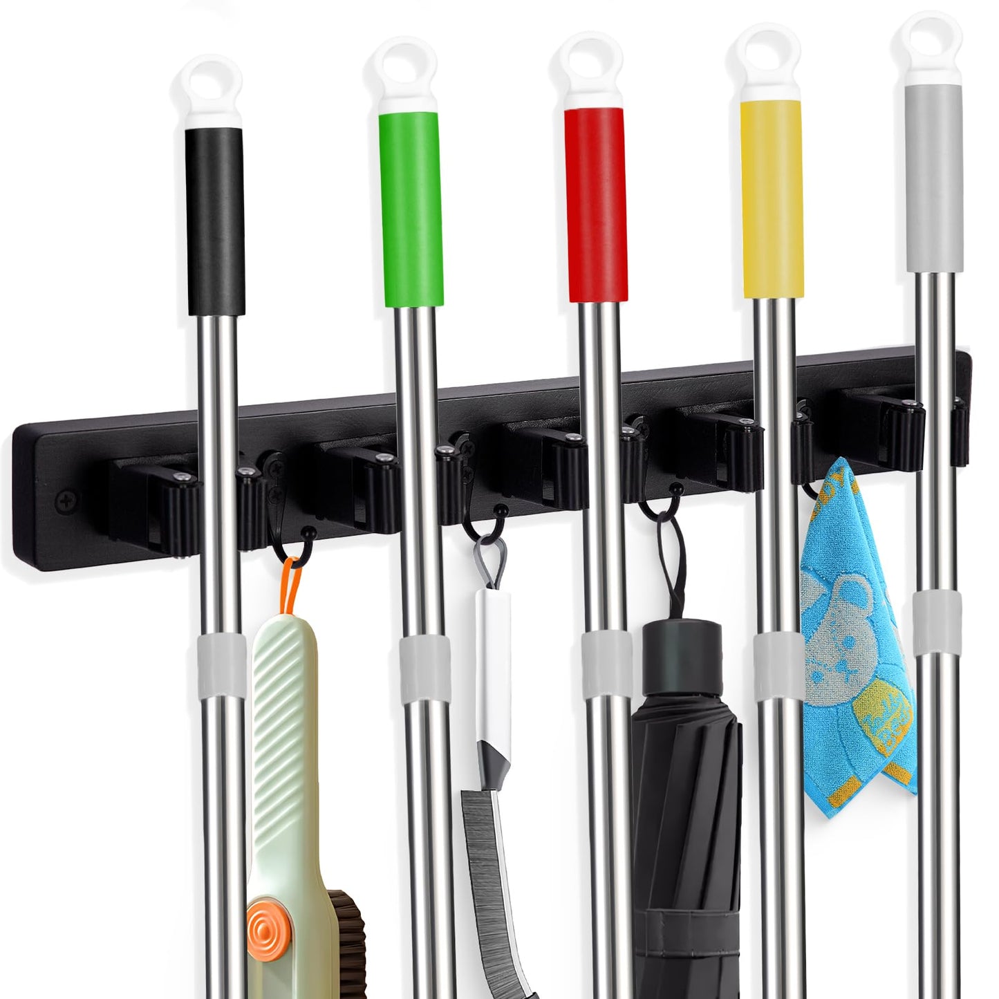 Broom Holder Wall Mount With 5 Slots & 4 Hooks,Rustic Wood Broom & Mop Hanger,Wall Mounted Garden & Garage Tool Storage Organizer Rack for Closet Laundry Room or Kitchen Wall Decor