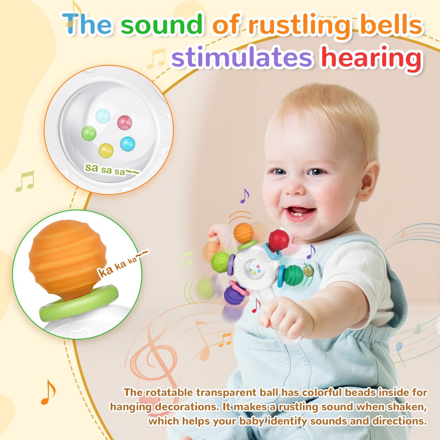 Food Quality Baby Rattle - Teething Ring - BPA - Free,Suitable for Choking - Design,Grip strengthening,Suitable for Hearing Development and Teeth Development,Ideal for Babies Aged 0-36 Months (White)