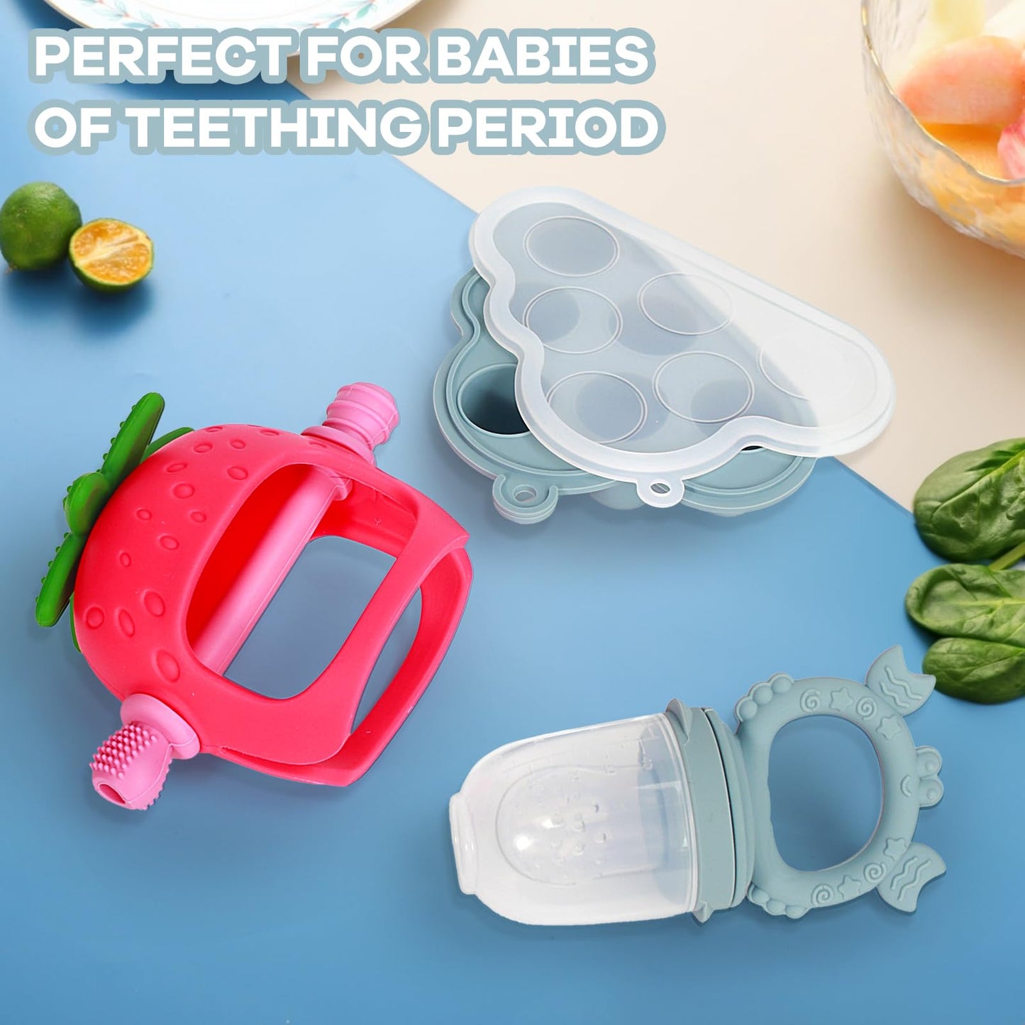 Baby Teething Toys and Fruit Feeder Breastmilk Popsicle Mold Set, Silicone Teether Food Feeder Pacifier Teething Relief Toy Set with Frozen Tray Baby Feeding Teething Essentials for 0+ Months