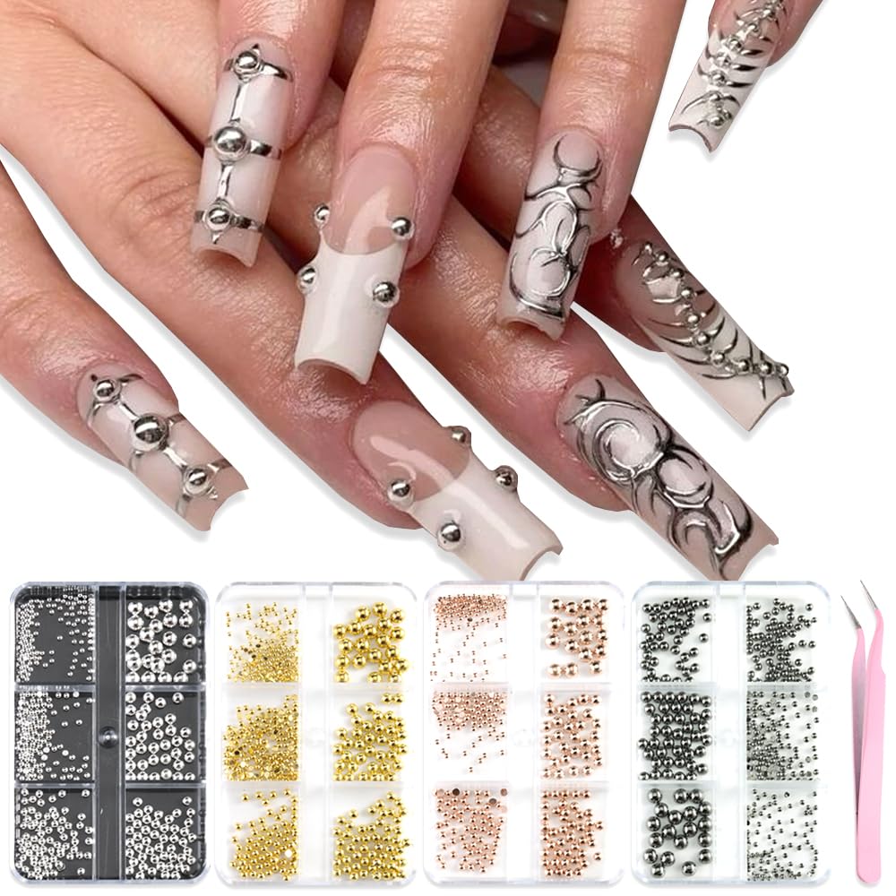3D Mixed Sizes Nail Art Studs Gold Silver Mini Metal Caviar Nails Beads Ball Nail Rivets Jewelry for Women Girls Manicure Nails Supplies DIY Crafts Decorations