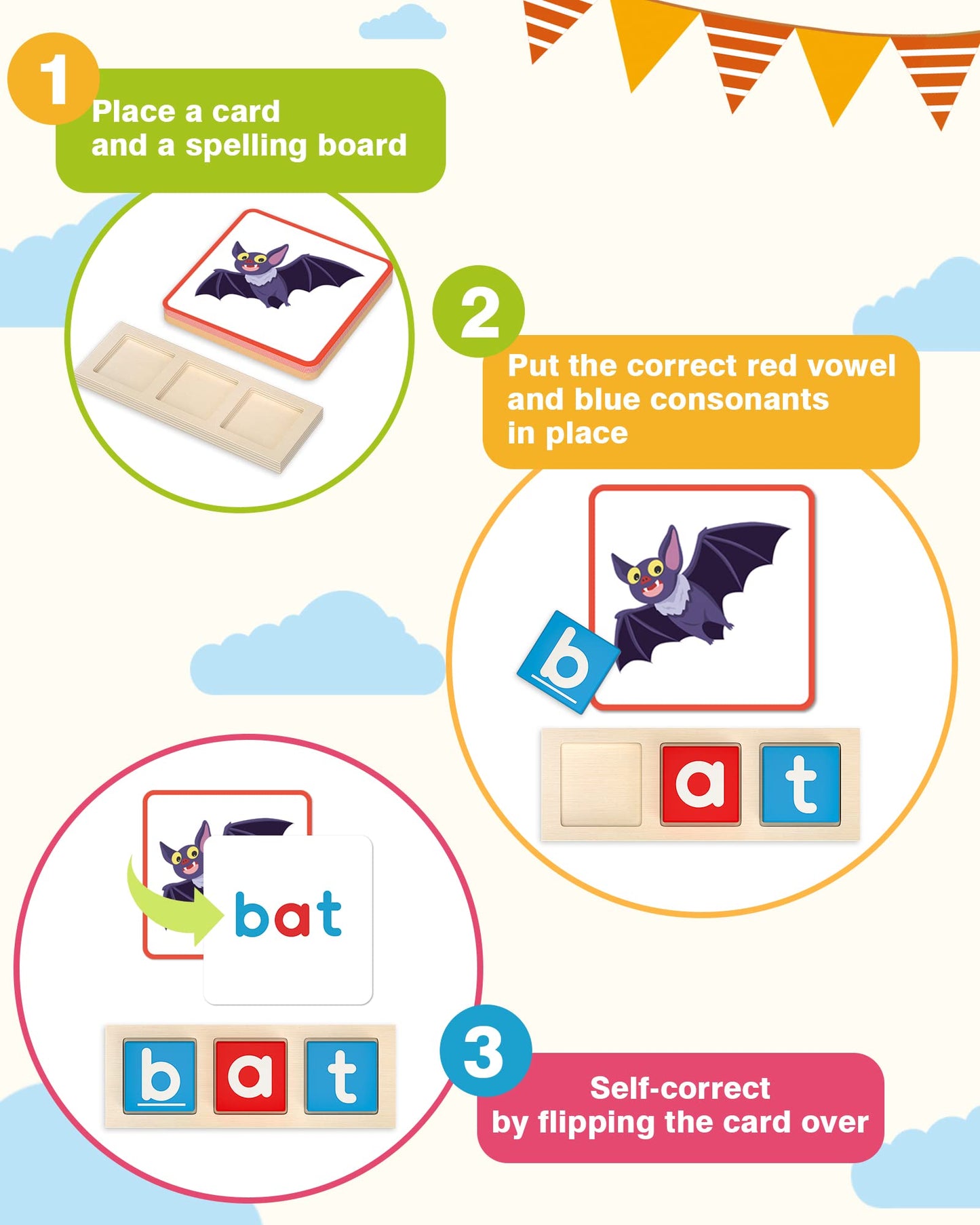 Gojmzo Wooden CVC Word Spelling Games, Preschool Kindergarten Learning Activities, Montessori Educational Toys Gifts for 3 4 5 6 Year Old Kids, Sight Words Flash Cards Reading Letters for Toddlers