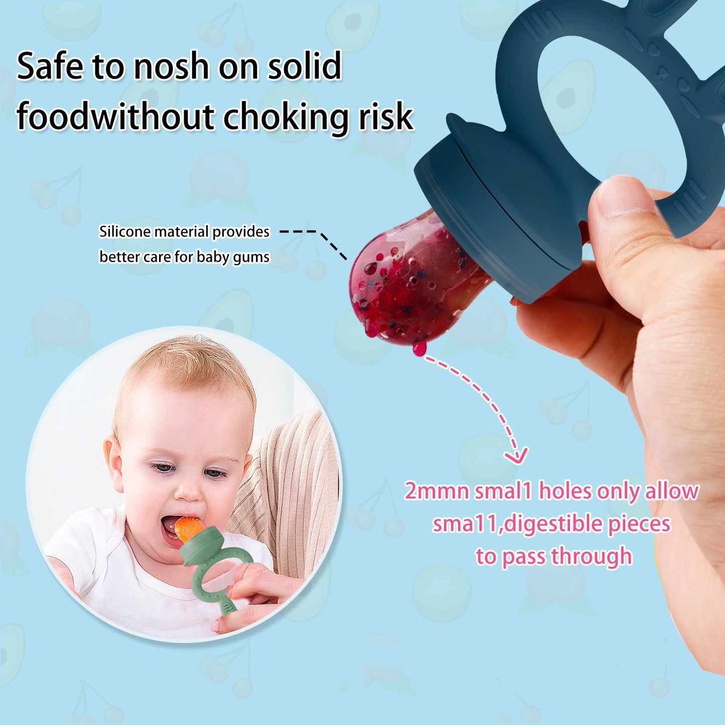 HAOBAOBEI Baby Solids/Frozen Fruit Feeder Pacifier, Infant Teether Toy 4M+, BPA-Free Silicone Pouch & Nipple, Safely Introduce Solids, Teething Relief, 2-Pack - Blue/Green (Rabbit)