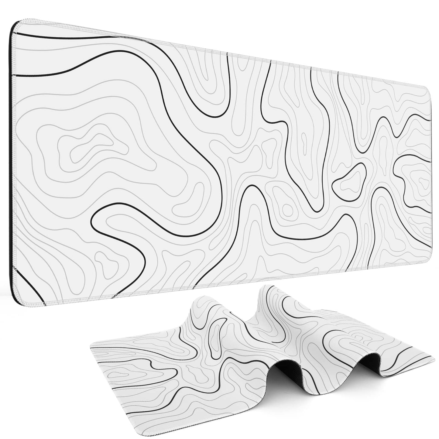 Mouse Pad Gaming Mousepad 31.5 x 11.8in Large Mouse Pad for Keyboard and Mouse with Anti-Slip Rubber Base, Keyboard Pad XL Mouse Mat for Home and Office(Black with White Topographic Line)