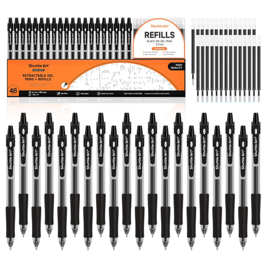 Shuttle Art Black Gel Pens, 48 Pack(20 Pens with 28 Refills) Retractable Medium Point Rollerball Gel Ink Pens Smooth Writing with Comfortable Grip for Office School Home Work