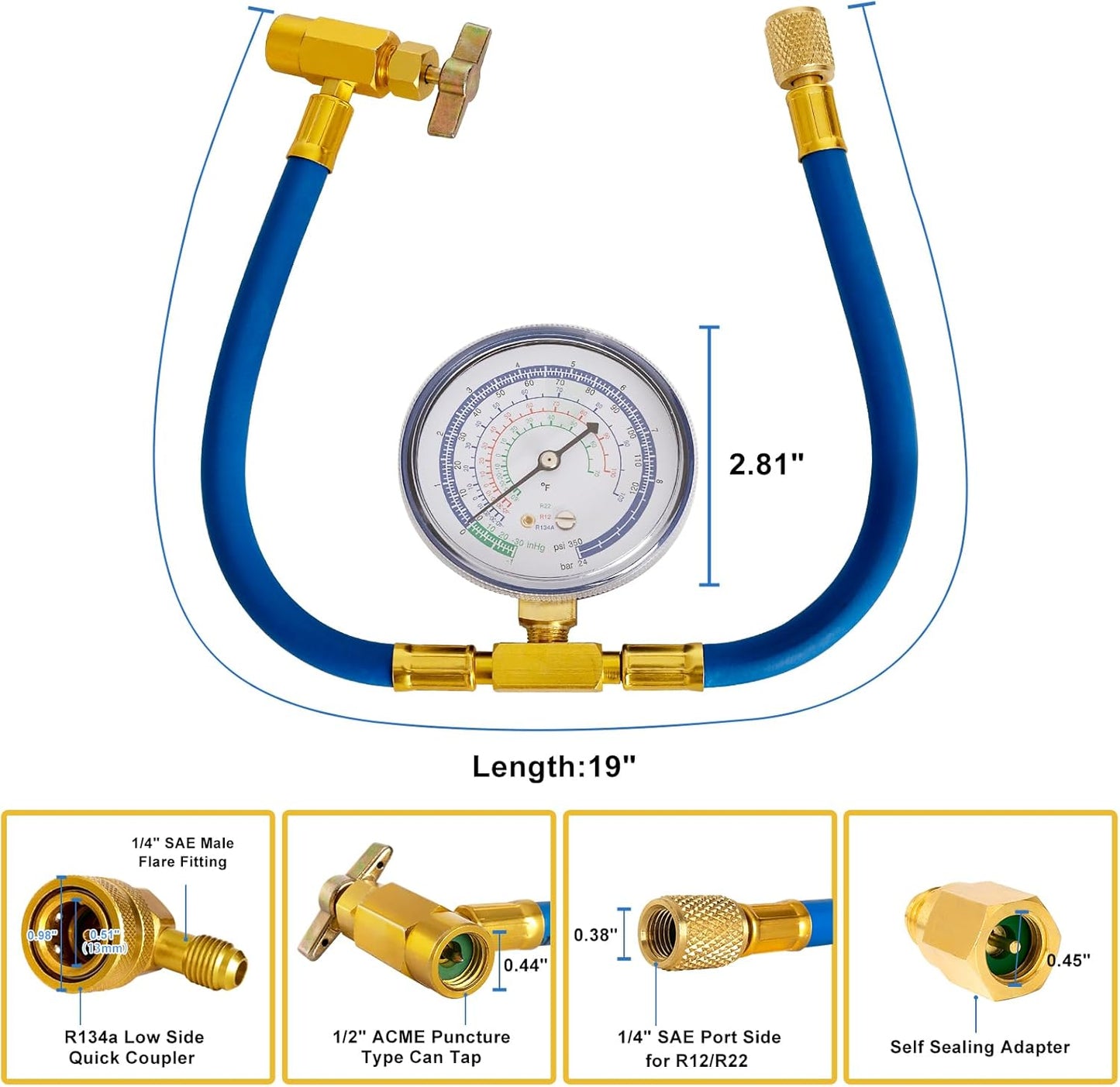 Belleone R134a Refrigerant Recharge Kit, AC Recharge Hose Kit with Gauge, R134a Freon Can Tap Recharging Hose with Detachable R134a Quick Coupler, R134a Self-Sealing Adapter for AC Refrigerant System