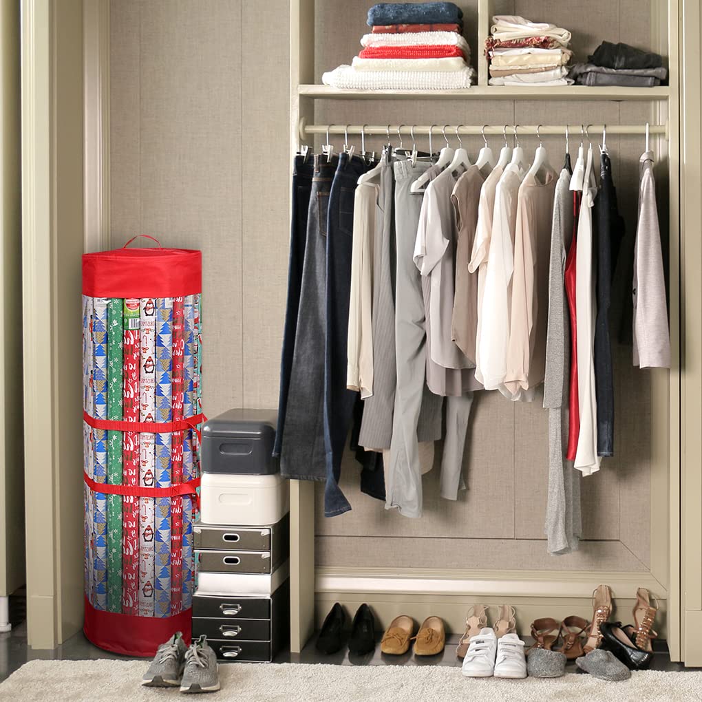 ProPik Gift Wrap Organizer, Wrapping Paper Storage Bag, Fits Holiday Papers 40 Inch Long, Holds Up To 24 Rolls, Heavy Duty Clear PVC Bag with Handles (Red & Clear)