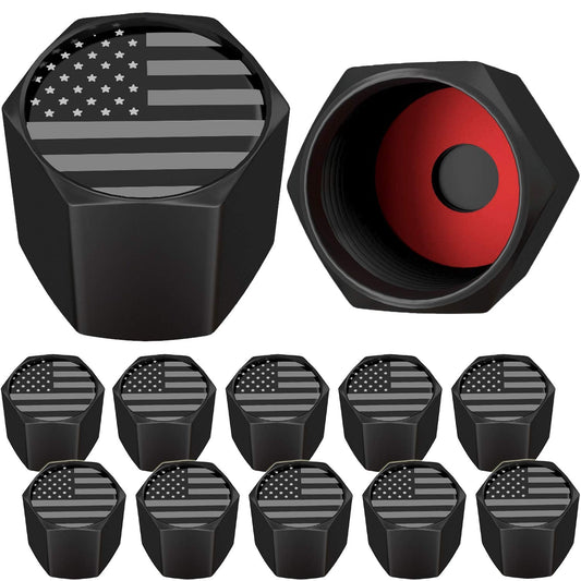 American Flag Tire Valve Stem Caps, USA with O Rubber Ring, Universal Stem Covers for Cars, SUVs, Bike, Bicycle, Trucks, Motorcycles, Airtight Heavy Duty (12 Pack) (Black Gray USA (12 Pack))