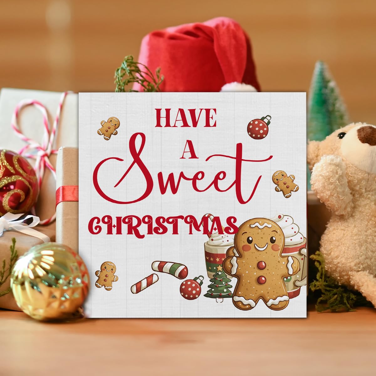 Christmas Kitchen Decorations, Hot Cocoa Wooden Sign Gingerbread Decor, Farmhouse Christmas Wooden Block Sign, Christmas Home Decor for Table Shelf 5 x 5 Inch