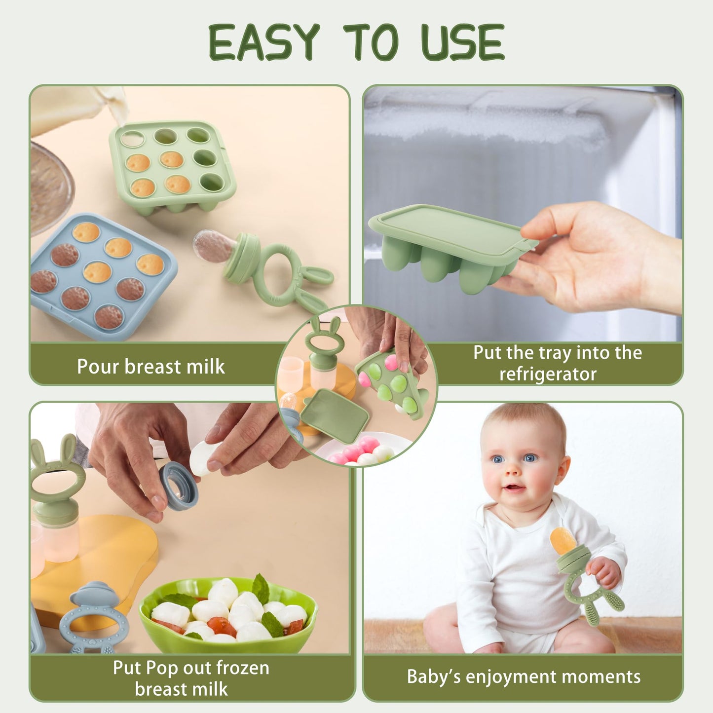 WAJIAYON Easter Bunny Baby Breastmilk Popsicle Molds & Baby Fruit Feeder,Infant Food Freezer Tray Storage Containers, Silicone Teething Pacifier Feeder and Teether for Babies,Moss and Fawn