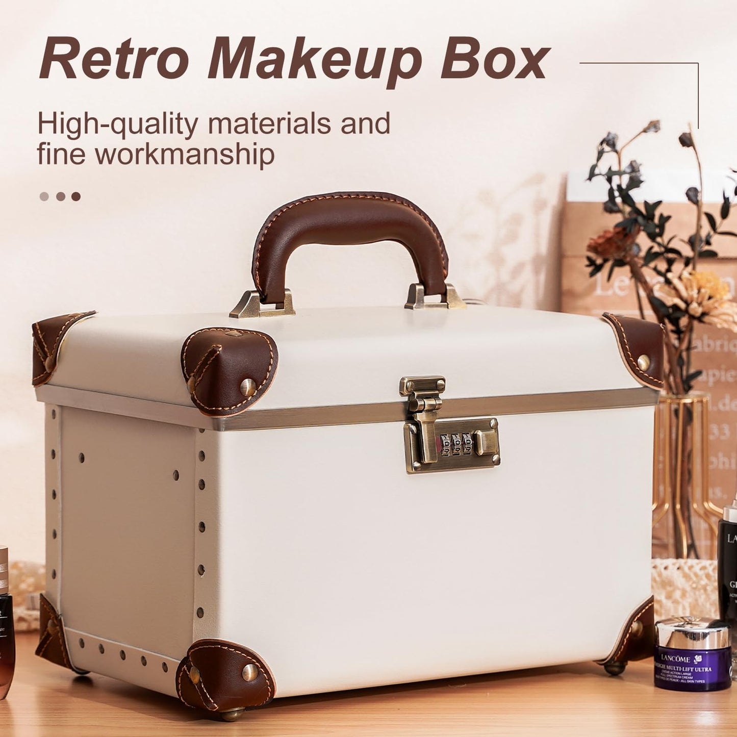 urecity Portable Retro Leather Makeup Train Case Cosmetic Organizer Case Leather Storage Box with Combination Lock (12.5", Ivory White)