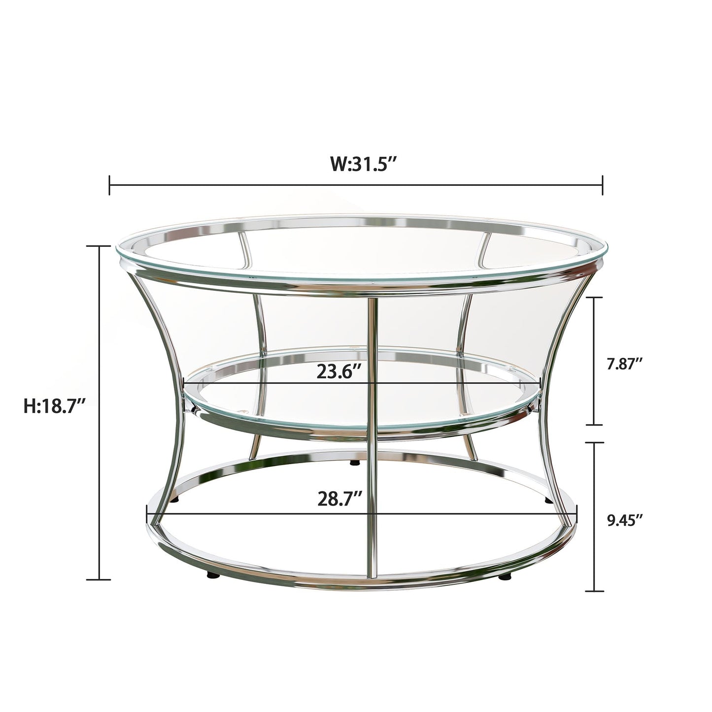 O&K FURNITURE Glass Coffee Table, 2-Tier Modern Living Room Table with Shelf, Tempered Glass & Chrome Frame, Silver Center Table for Living Room & Office, Chrome Finish, 1 PC