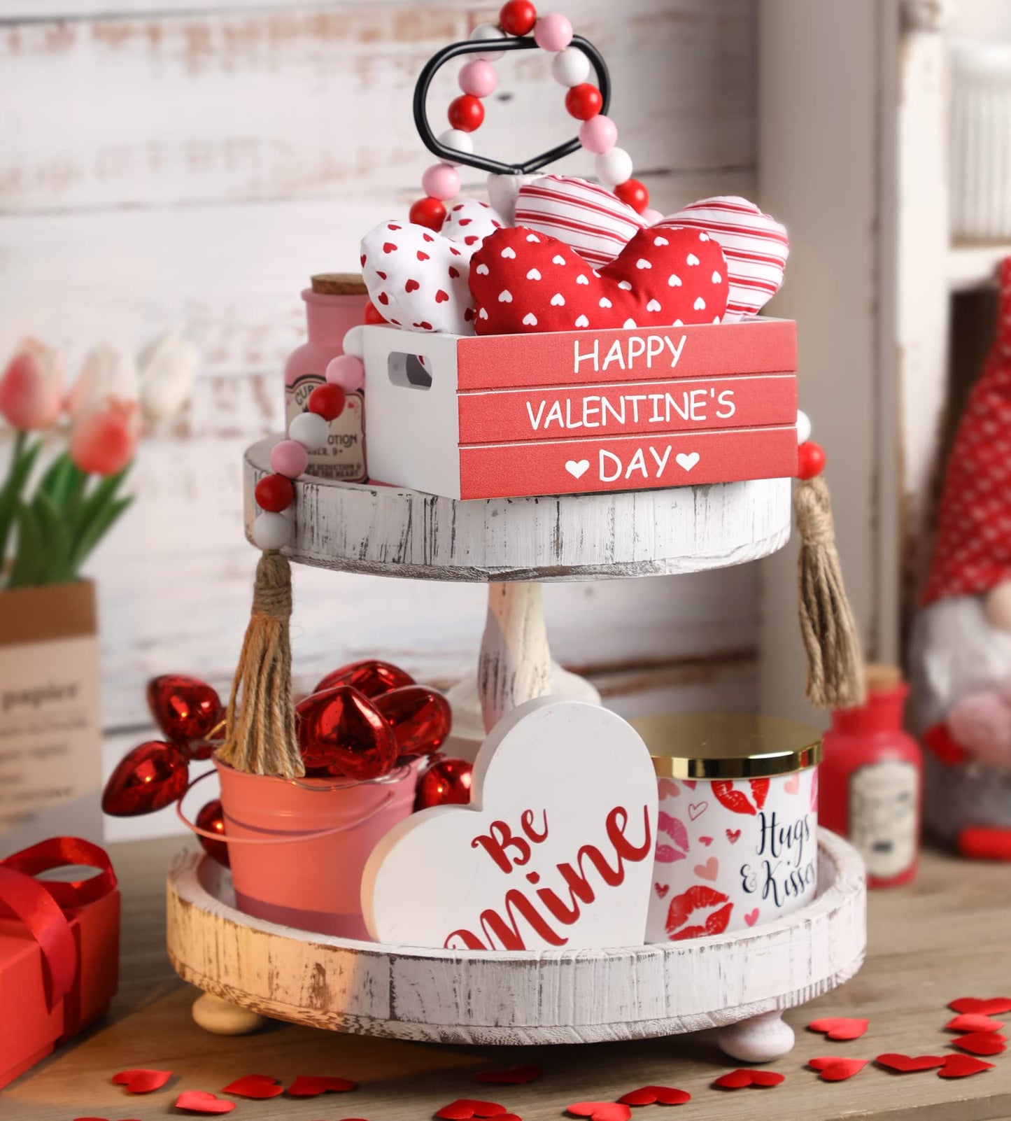 KORMMCO Valentine Decor Wooden Created with 3 PCS Fabric Heart, Valentines Table Centerpiece,Farmhouse Table Decor for Tiered Tray, Valentine's Home Kitchen Decor,Red