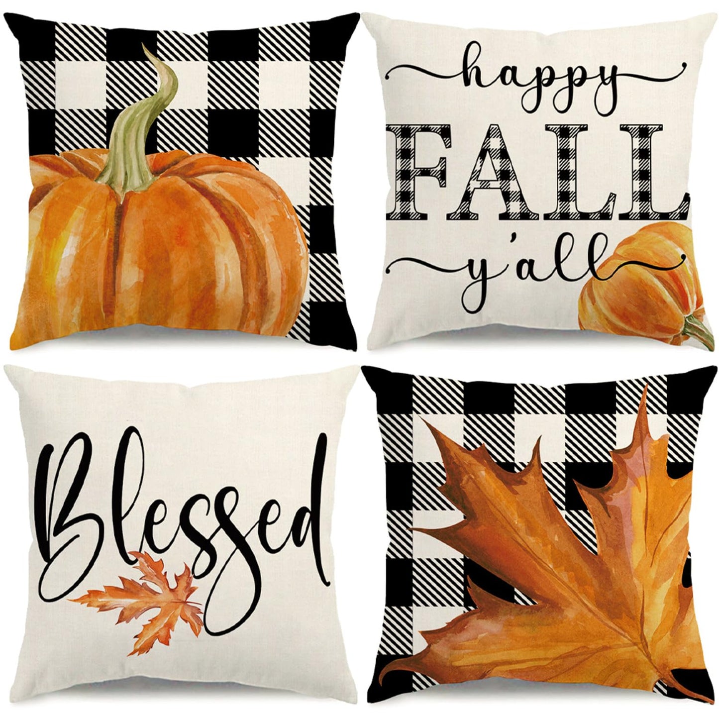 KISVODS Fall Pillow Covers 18x18 Thanksgiving Farmhouse Decorations Buffalo Plaid Pumpkin Maple Leaf Outdoor Fall Decor Throw Pillow Covers Blessed Autumn Harvest Cushion Case for Sofa Couch Set of 4