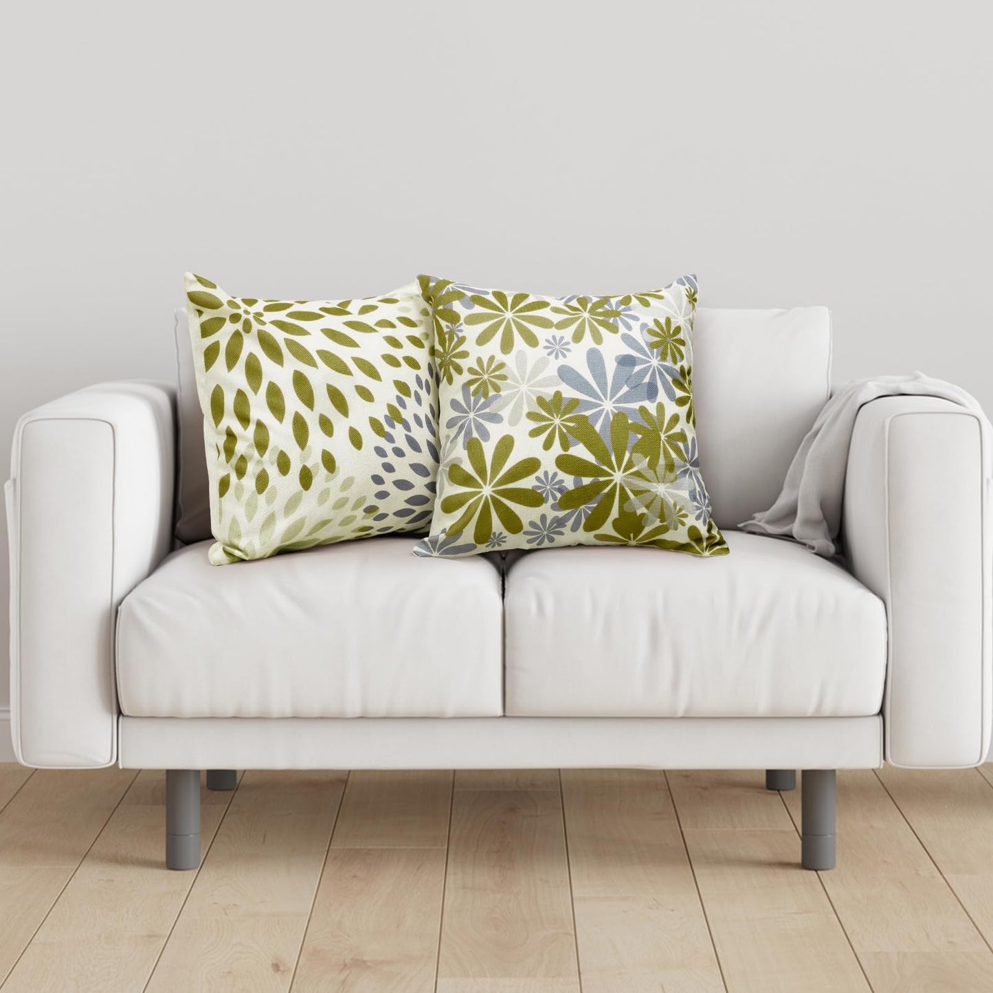Baidast Green Olive Decorative Throw Pillow Covers 18x18 Set of 4, Green and Grey Modern Daisy Floral Pillows Linen Pillow Covers for Couch Sofa Living Room
