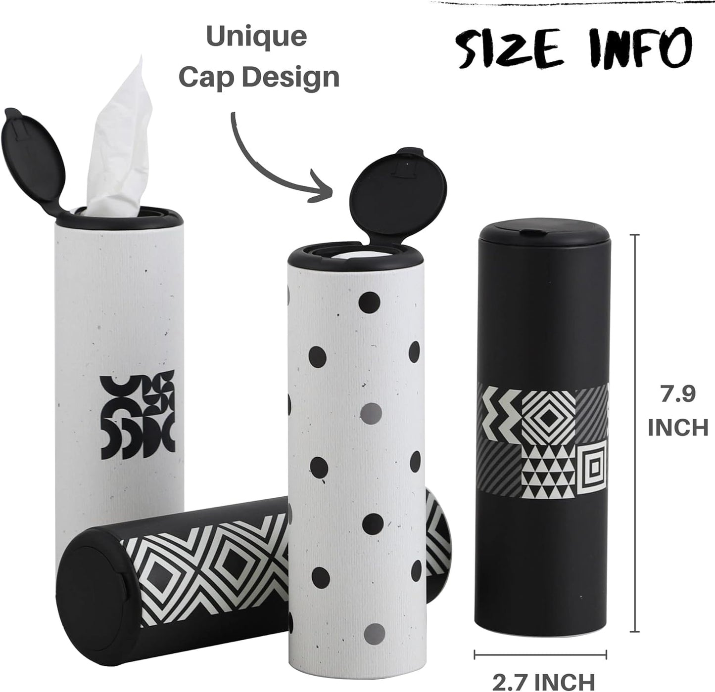 Car Tissue Holder with Facial Tissues Bulk - 4 PK Car Tissues Cylinder with Cap, Tissue Holder for Car, Travel Tissues for Car Cup Holder, Refill Car Tissue Box Round Container