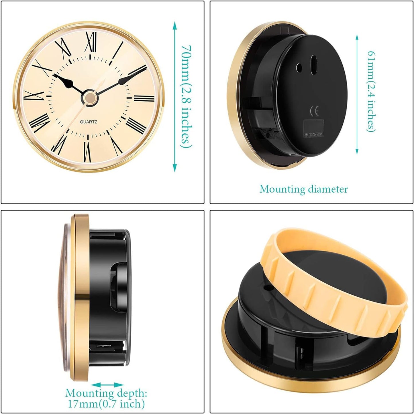 Hicarer 2.8 Inch (70 mm) Gold Quartz Clock Insert with Roman Numeral and Quartz Movement