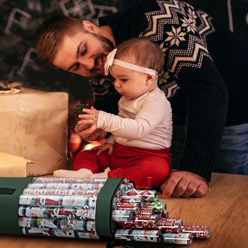 ProPik Gift Wrapping Paper Storage Organizer Bag, Store Up To 24 Rolls 40 Inch, Heavy Duty Polyester plus PVC Clear Bag with Handles and Zippered Top for Gift Wrap and Ribbons (Green)