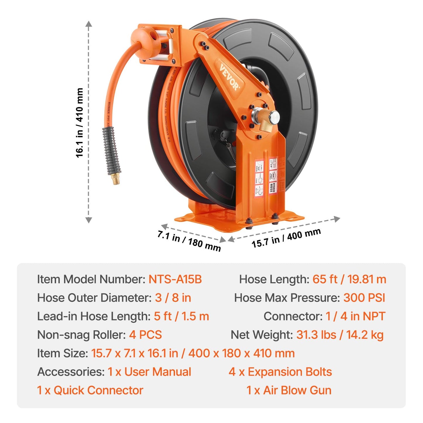 VEVOR Retractable Air Hose Reel with Double Arms, 3/8 IN x 65FT Hybrid Air Hose Max 300PSI, Air Compressor Hose Reel with 5FT Lead in, Ceiling/Wall Mount Heavy Duty Steel Reel for Workshop Garage