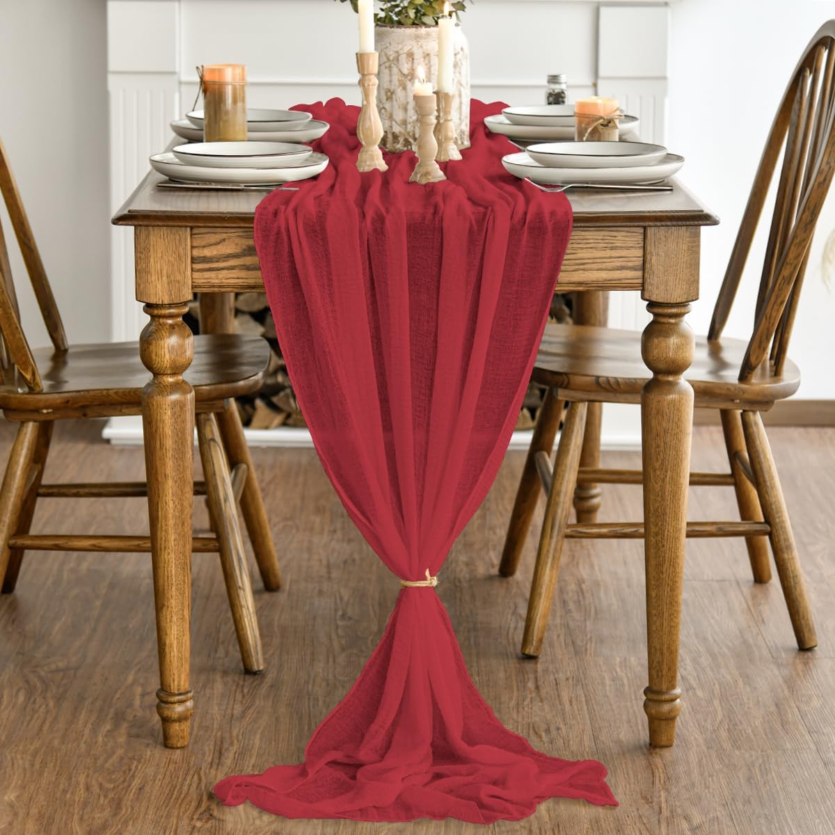 Artoid Mode Boho Cheesecloth Gauze Red Wedding Table Runner, 160 Inch Seasonal Christmas Fabric Kitchen Dining Holiday Table Decor for Home Party Indoor